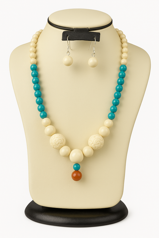 Ivory Necklace & Earrings Set with Turquoise and Amber | Natural Elegance | Healing Energy | Fine Jewelry