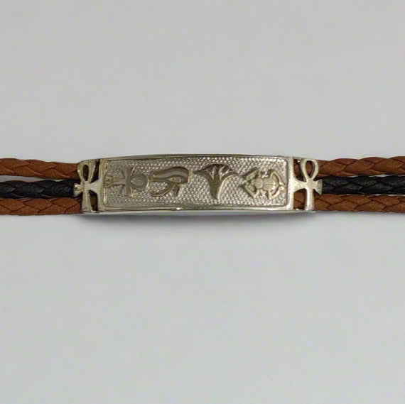 900 silver plaque bracelet with a key design and triple natural leather straps.